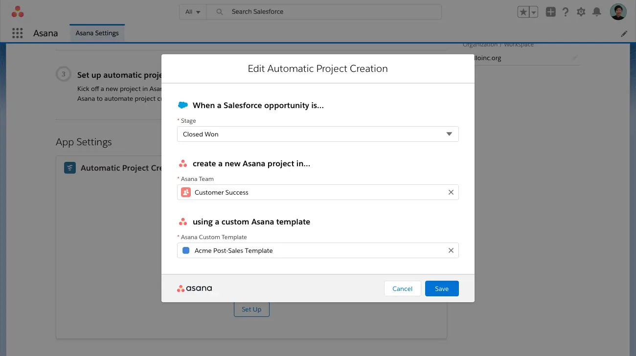 Screenshot of the setup of an automatic project creation using the Salesforce to Asana integration