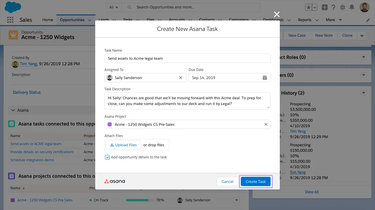 Automated task creation using the Asana and Salesforce integration.