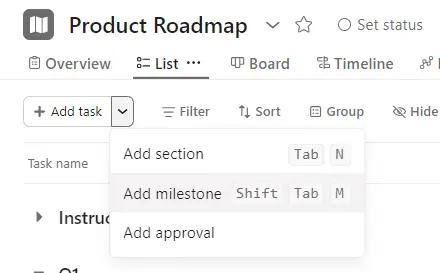 adding milestones in asana