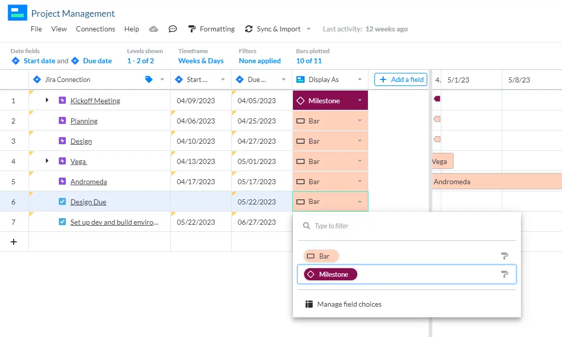 Screenshot of Gantt chart. A dropdown menu is visible under the Display As column, prompting the user to select whether the row will be a Milestone or a Bar.