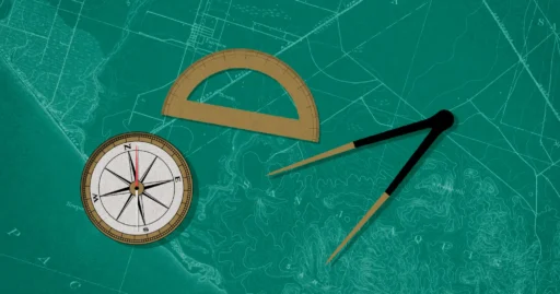 Graphic with compass, and navigation tools symbolizing product roadmap tools