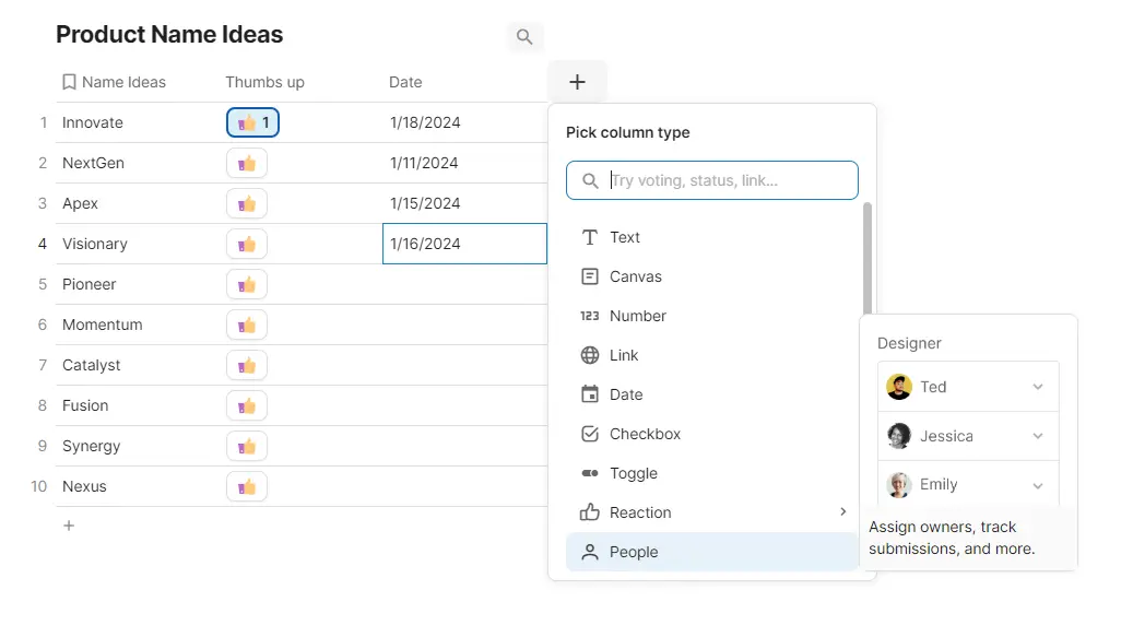 Example of a table being modified in Coda, one of many apps similar to Google Sheets