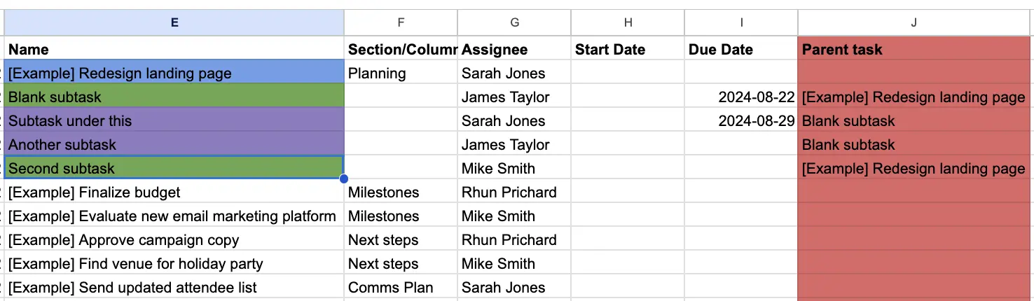 a color-coded excel sheet with asana data