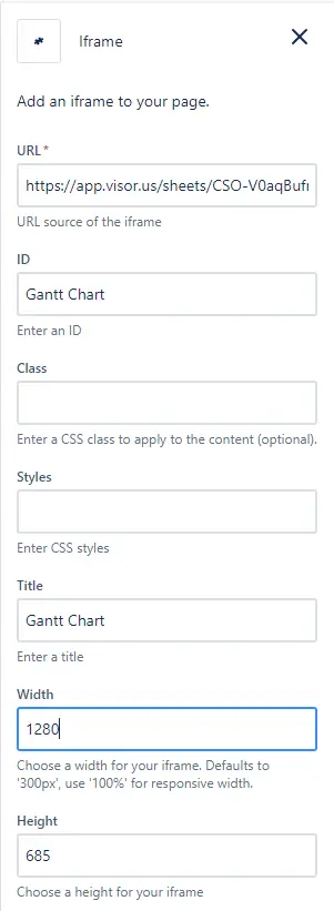 screen of placing gantt chart embed code from visor into confluence