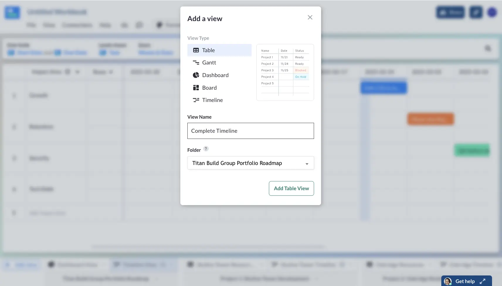 Creating a timeline in a project portfolio roadmap