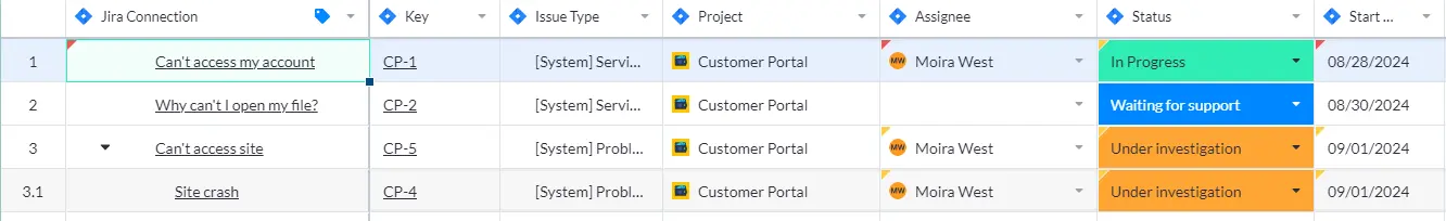 A Visor table containing live Jira data used as a customer portal to share live updates.