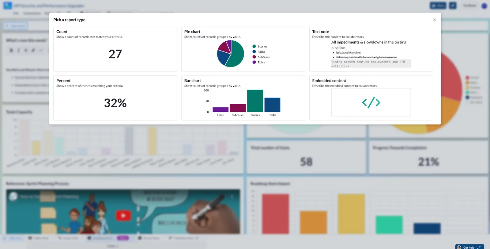 The dashboard selection screen in Visor, showing a range of chart types that can be added to a dashboard.