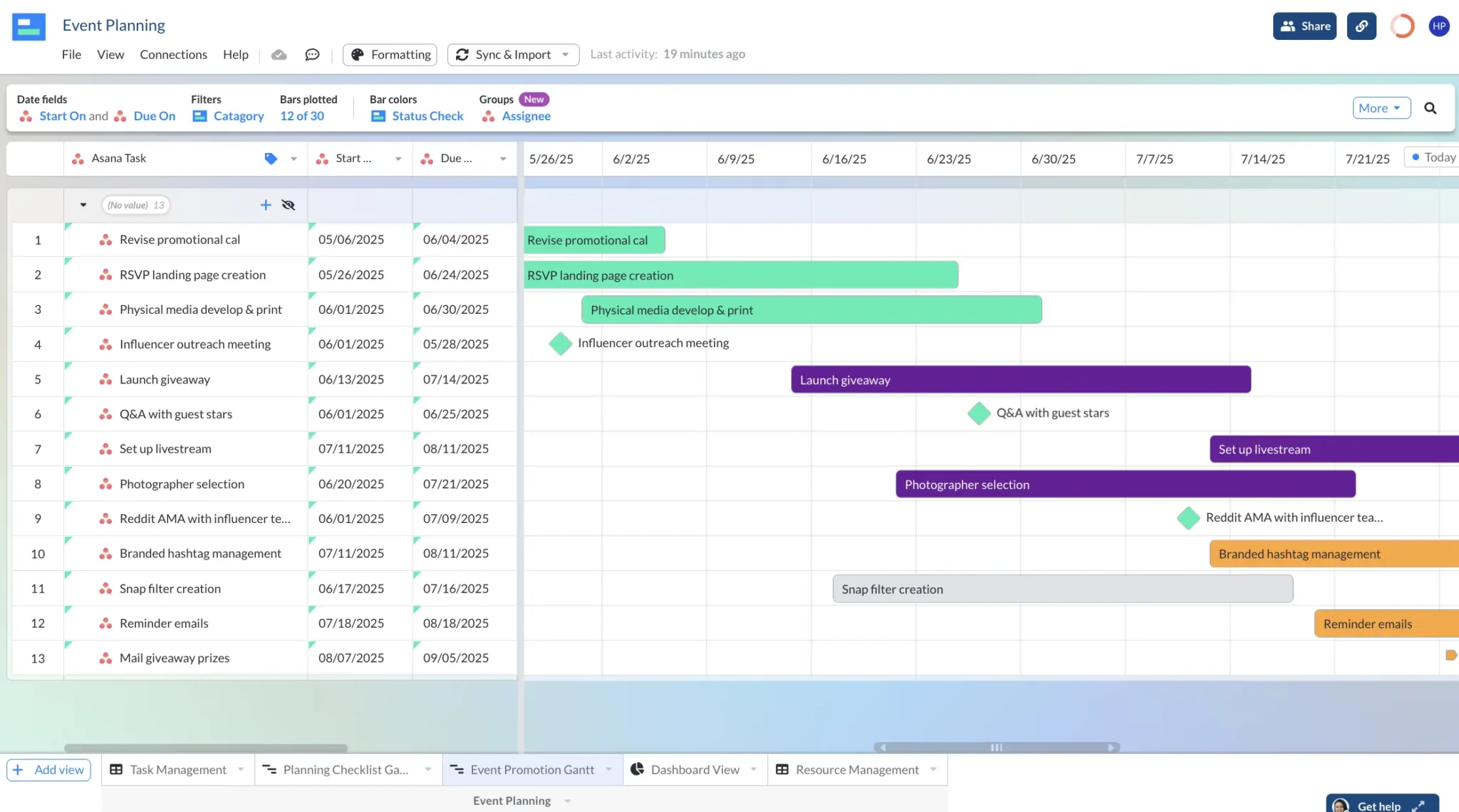 plans for promoting an event in a Visor Gantt