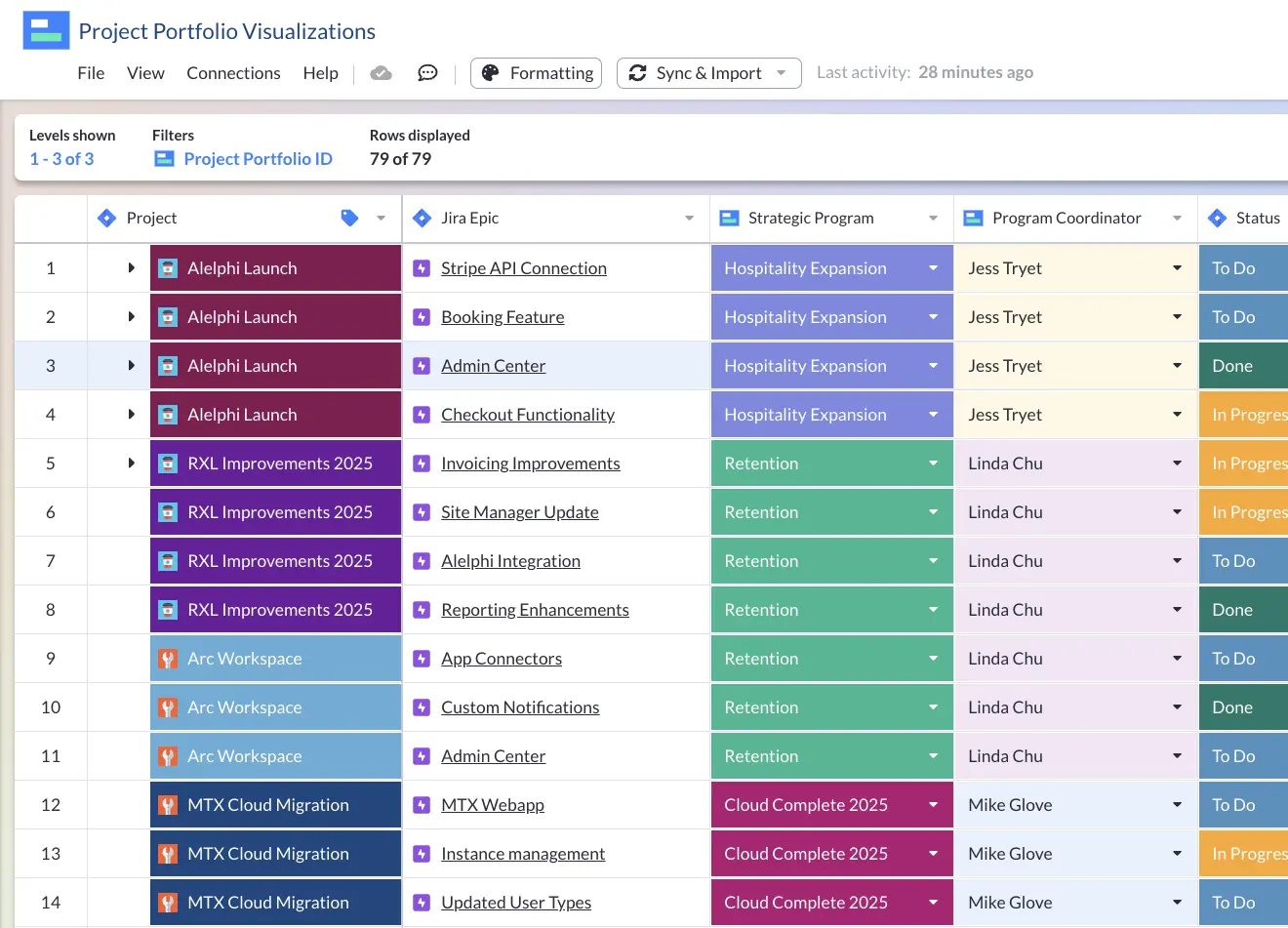 Example of a portfolio spreadsheet view in Visor, which is a top alternative to Google Sheets.