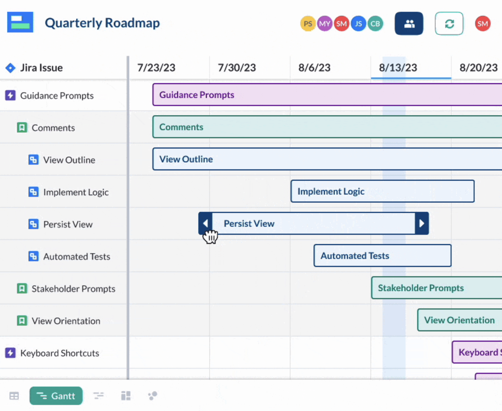 Adjusting a task date on a roadmap in Visor