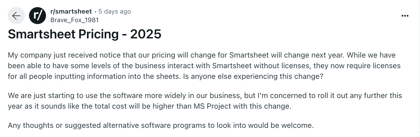 A reddit user discussing changes to their smartsheet pricing