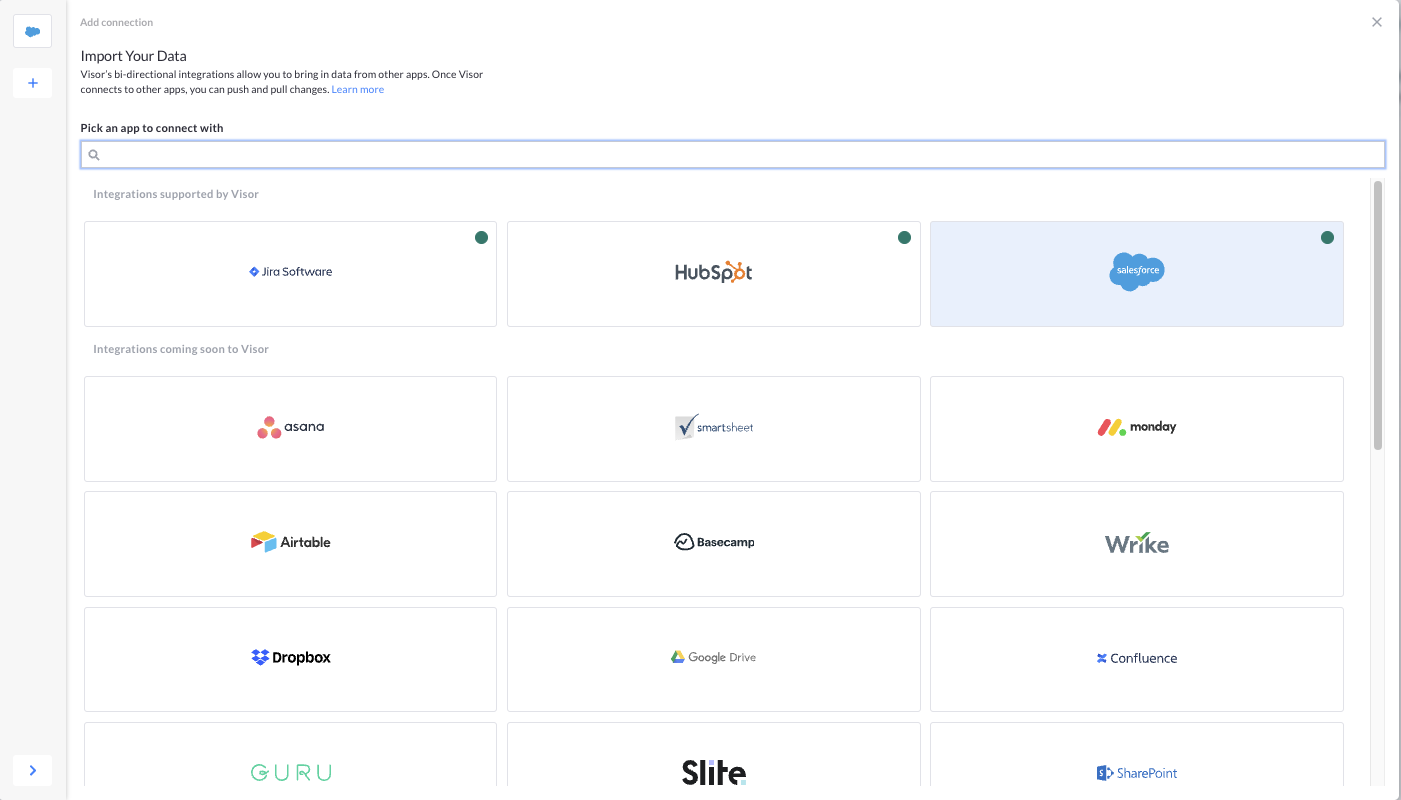 The integration selection screen in Visor, with Salesforce selected