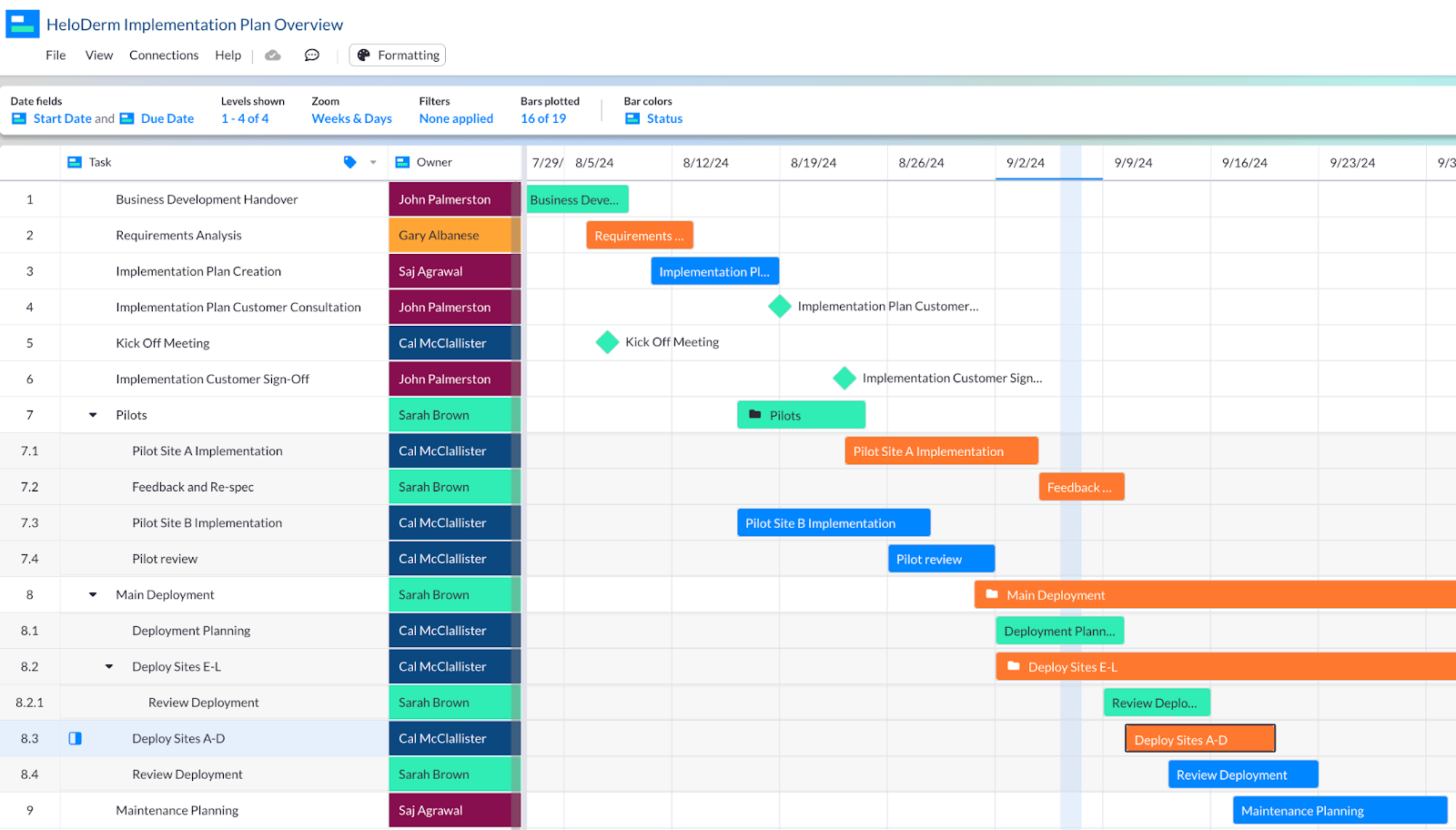 A Gantt chart in Visor for a Salesforce project