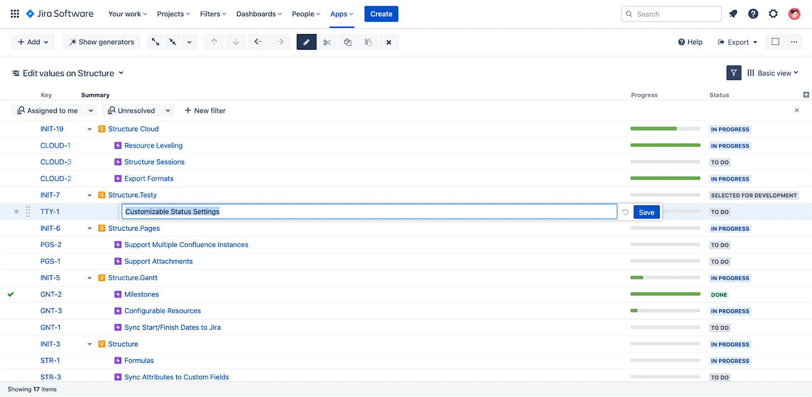 Portfolio list view in Structure by Tempo for Jira