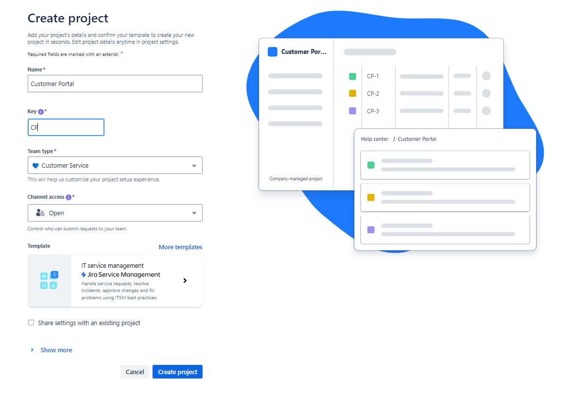 Screenshot of “Create Project” screen with space to fill in the name of the project, its key, the team type, and channel access.