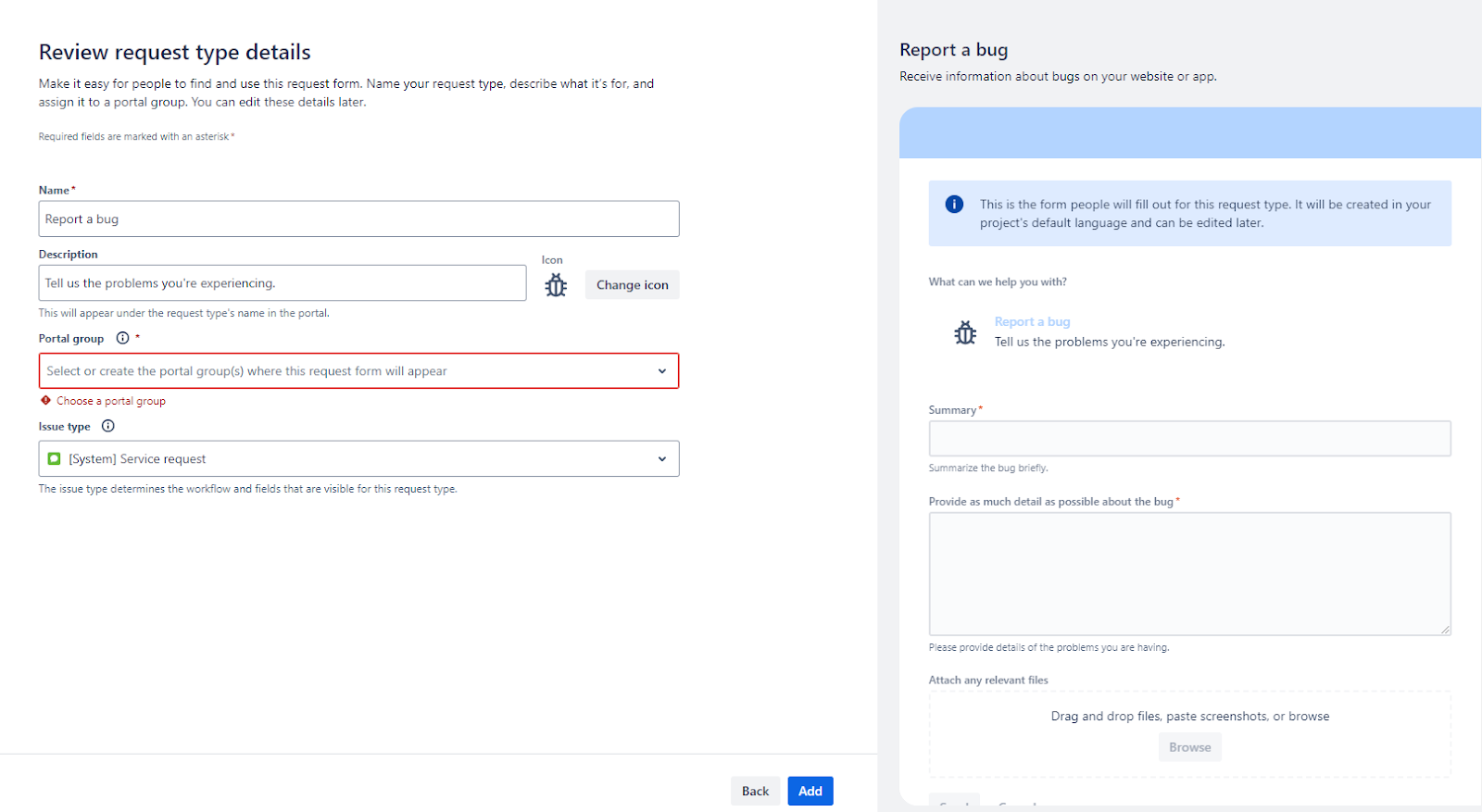 Jira has templates for request types. Screenshot shows details for “Report a bug” request type.