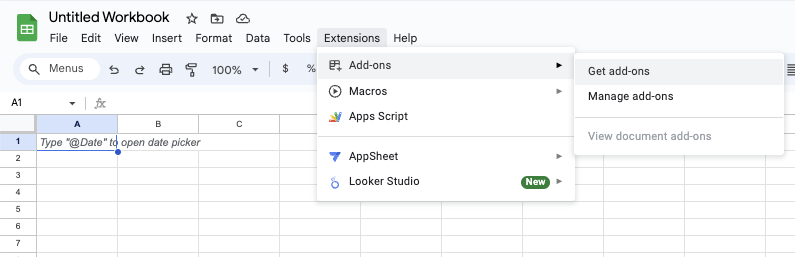 The Extensions dropdown menu in Google Sheets