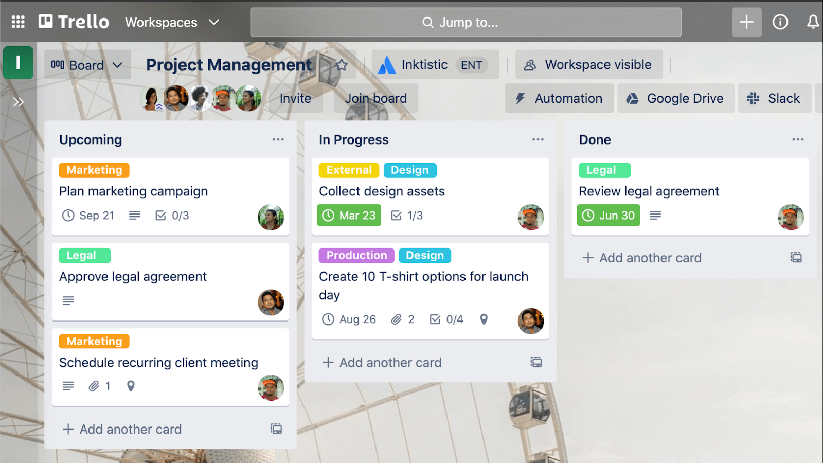 A simple Trello board used for managing 