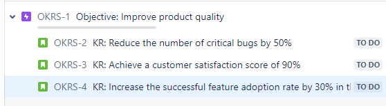 Screenshot of Jira showing Objective as Epic in Jira with Key Results as subtasks