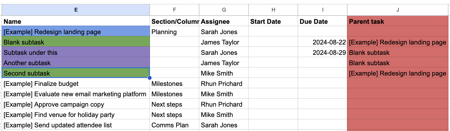 Close up of an Asana project export in an Excel spreadsheet, with color coding for task type.