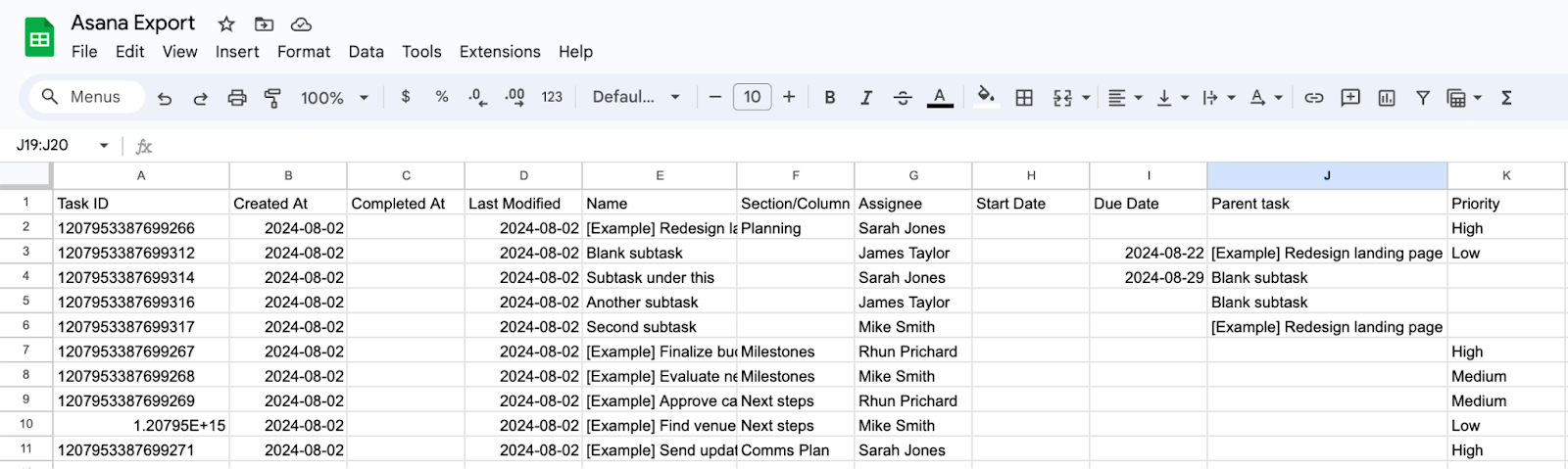 CSV export of an Asana project into Excel