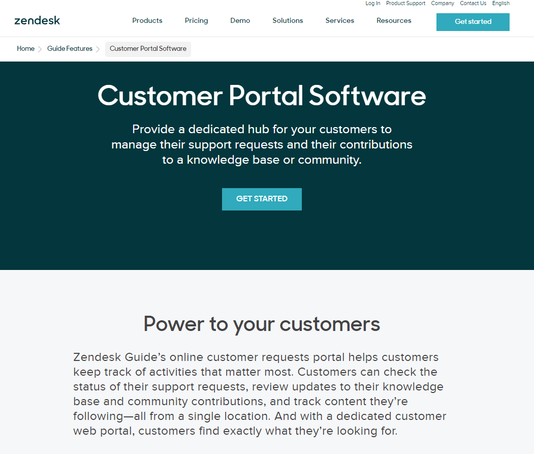 Screenshot of Zendesk Customer Portal Software page