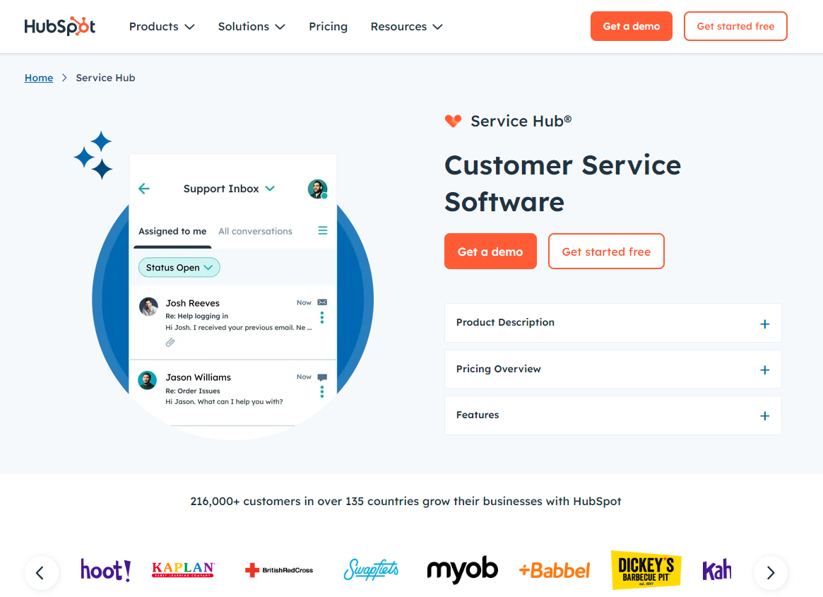 Screenshot of Hubspot Service Hub page