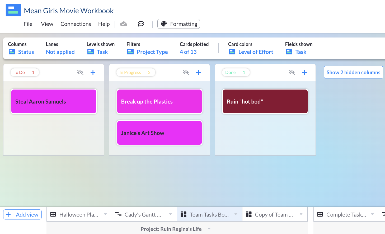 Tasks from Mean Girls arranged into a kanban board