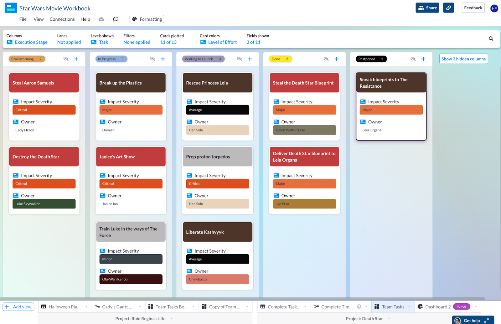 A kanban board in Visor with swimlanes