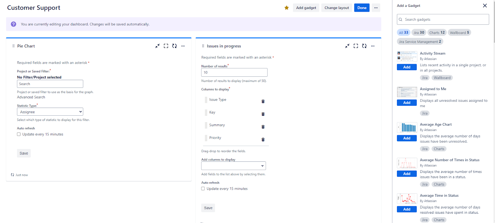 Add Gadgets screen for the Dashboards in Jira