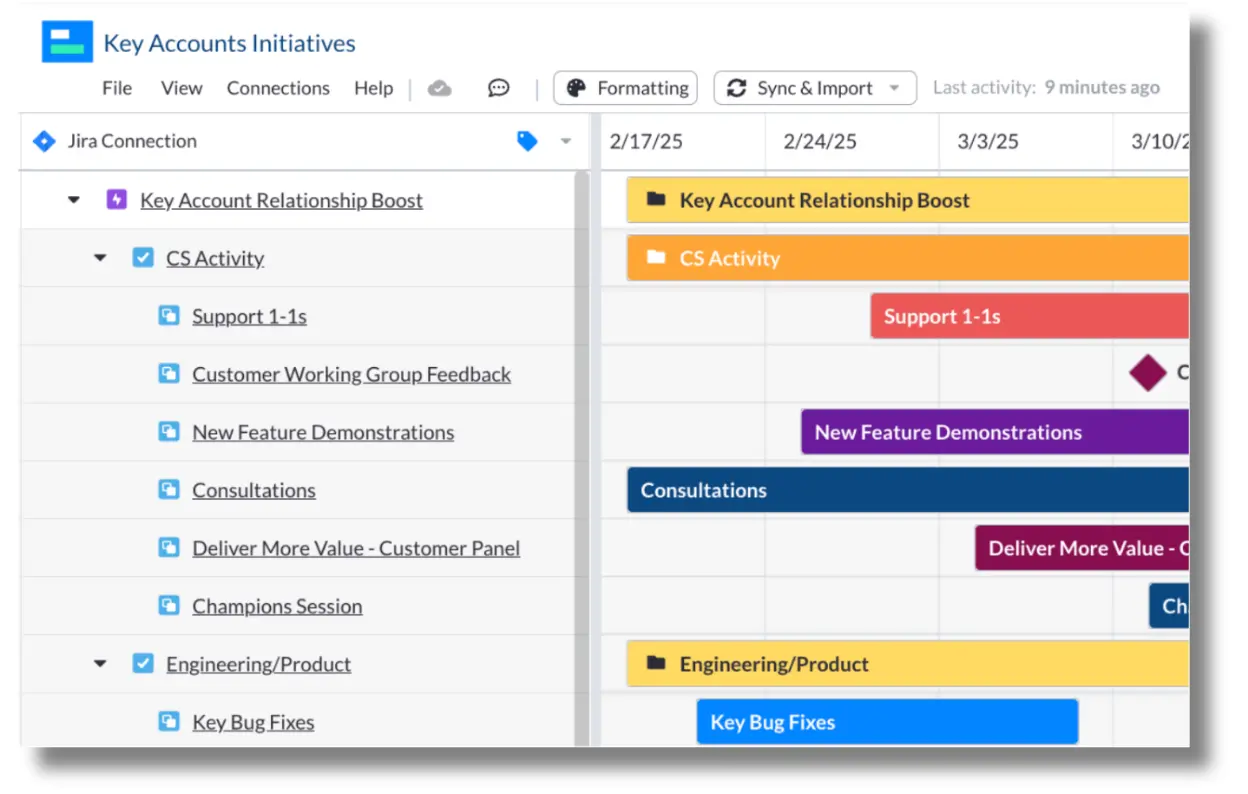 Gantt Chart in Visor featuring customer support initiatives