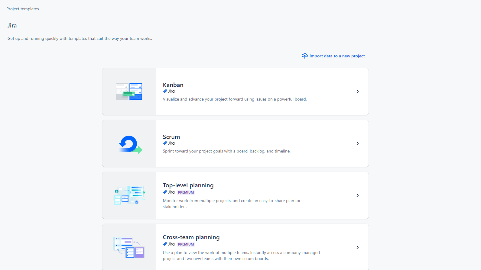 Multiple options for Jira projects shown, including Kanban and Scrum.