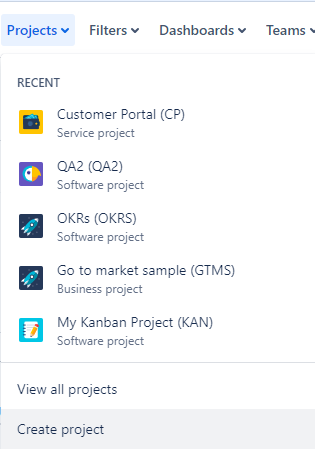 Dropdown menu in Jira with Create Project highlighted
