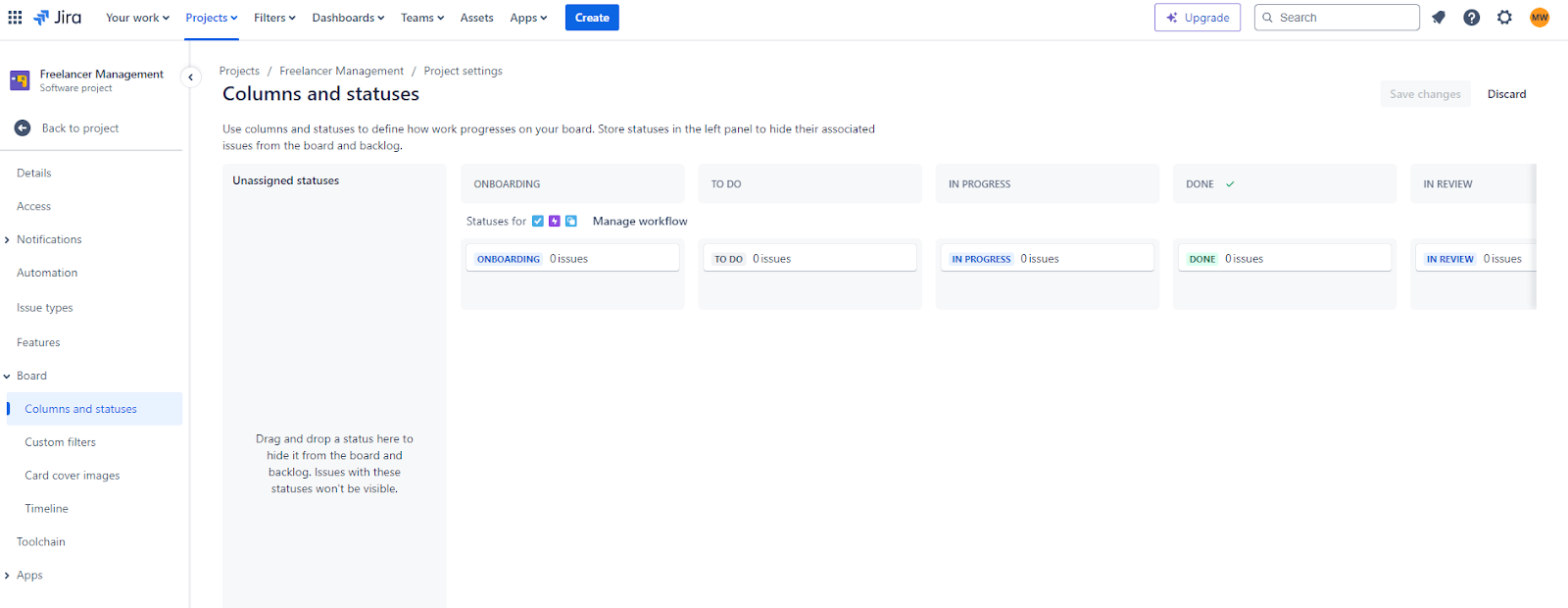 The Project Setting section for making edits to a Kanban Board.