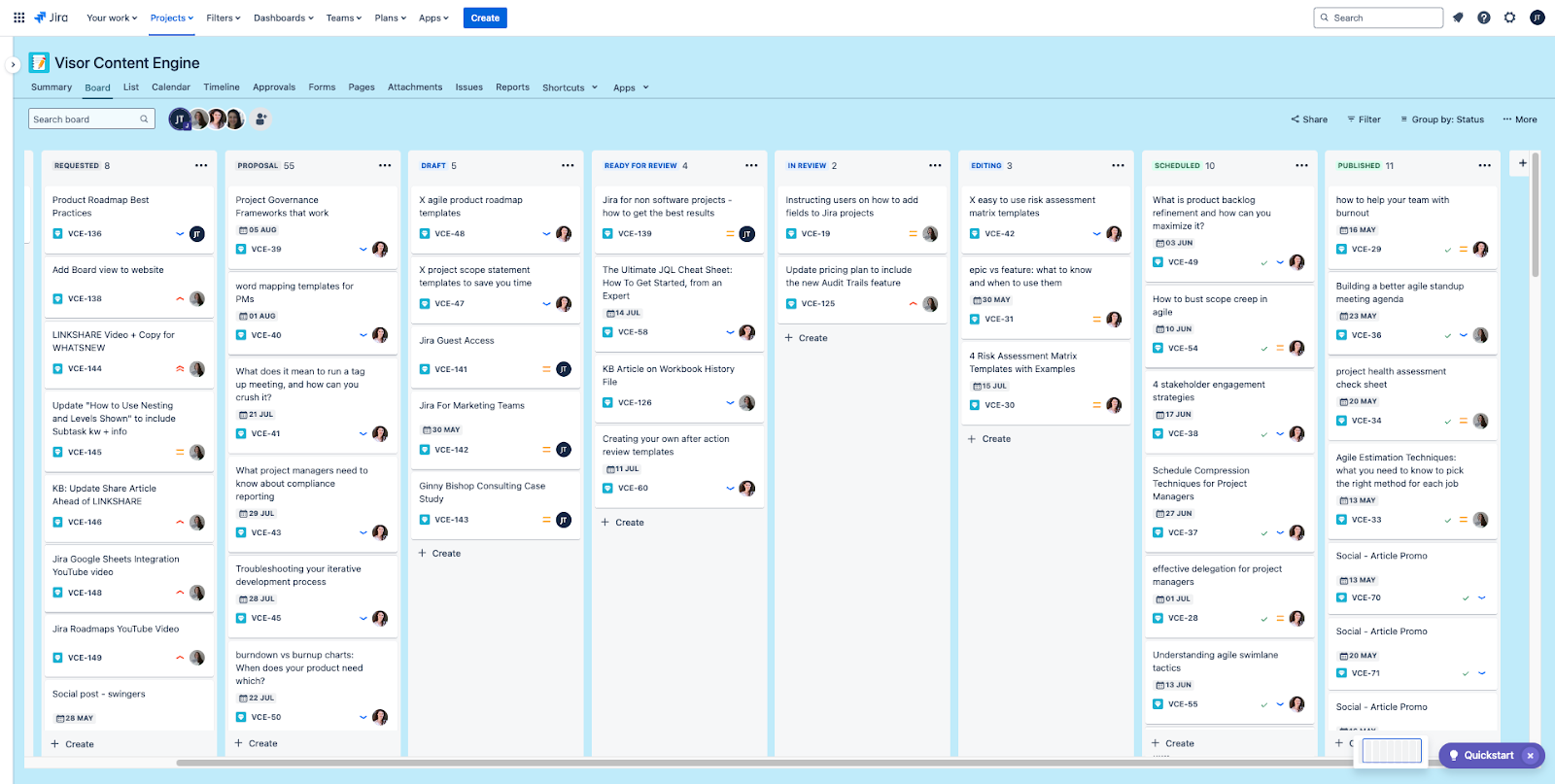 A screenshot of Visor's content marketing engine in Jira