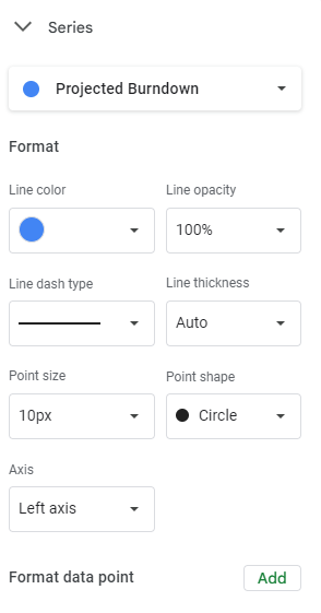 Screenshot of the Series options within a Line Chart in Google Sheets. Adjustments in color and design can be made into lines in this area.