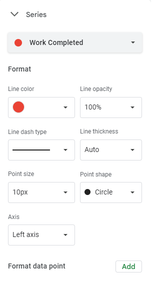 Screenshot of the Series options within a Line Chart in Google Sheets. The line color, opacity, dash type and so on can be changed here.