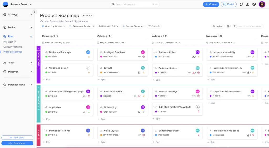 Product roadmap in Craft.io