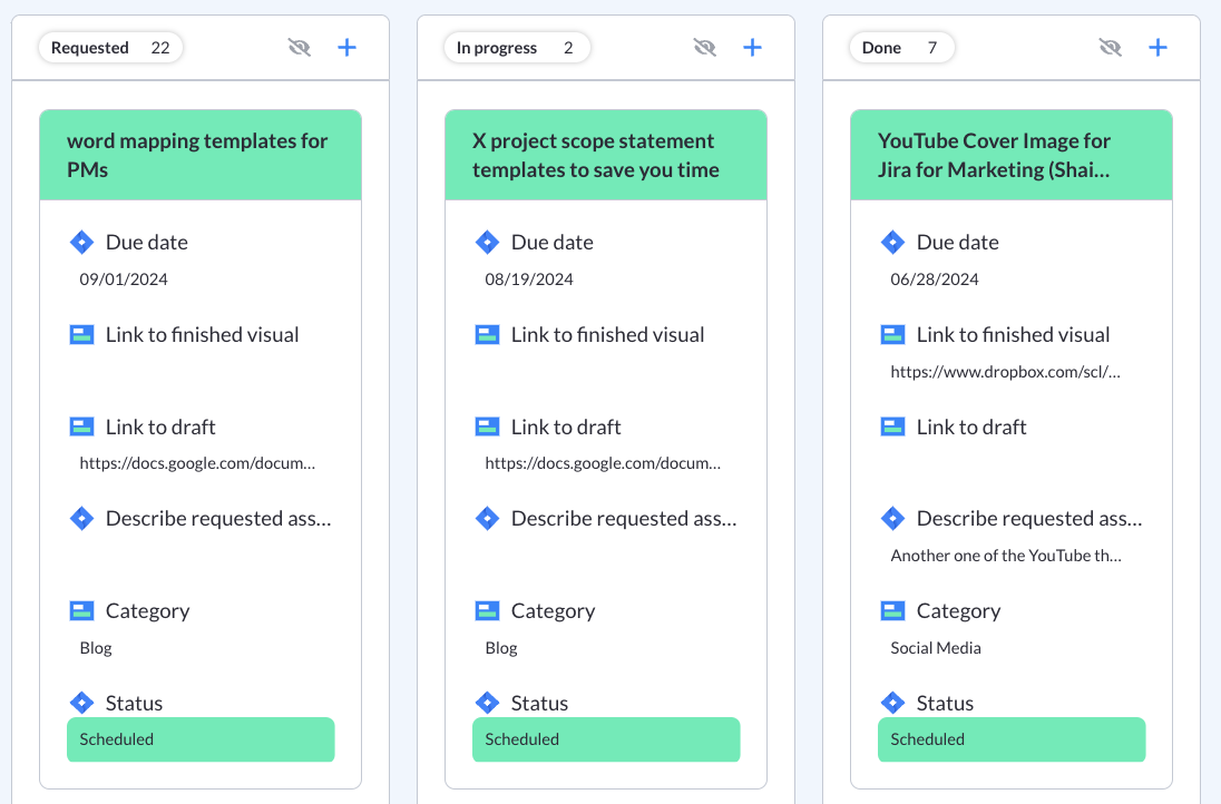 Colorful kanban task cards that include links, due dates, descriptions, and status