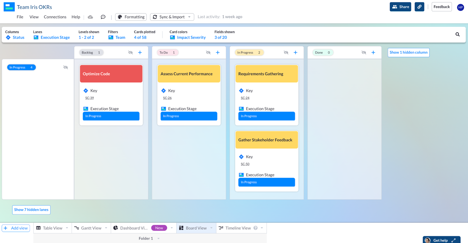 A kanban board view in visor