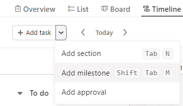 Screenshot of Asana showing the Task dropdown menu where you can add a Milestone.