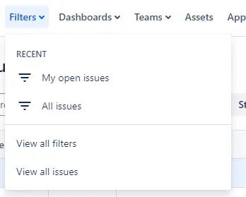 User has selected the Filters dropdown menu in Jira.