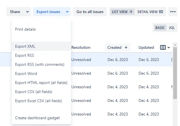 screenshot showing the selection of format for an export of Jira data including to excel formats