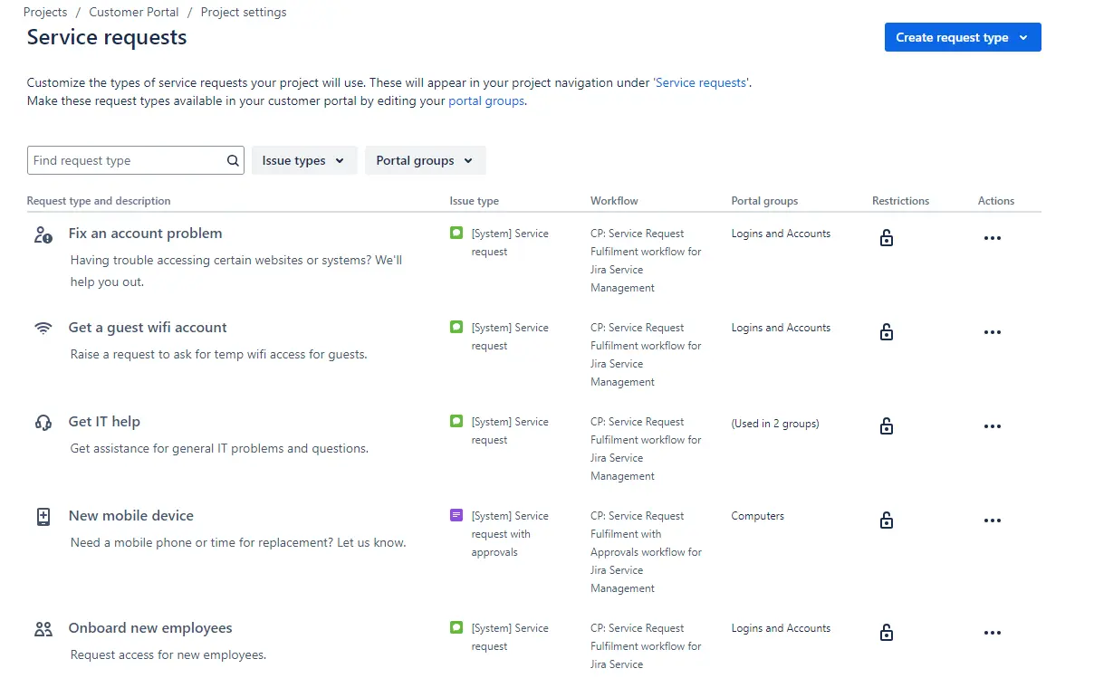 Service request types in Jira's customer portal