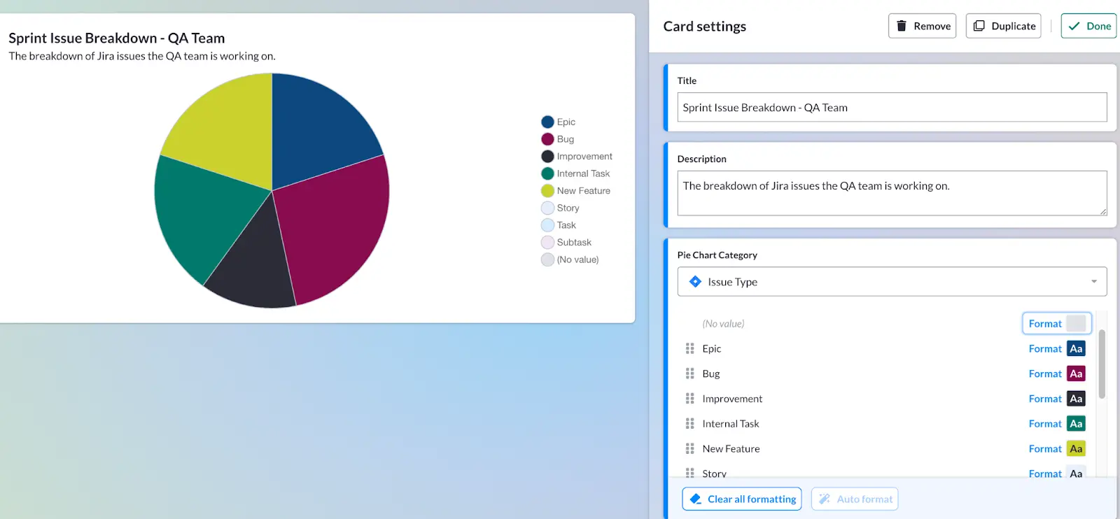 Formatting a pie chart with Jira data in Visor