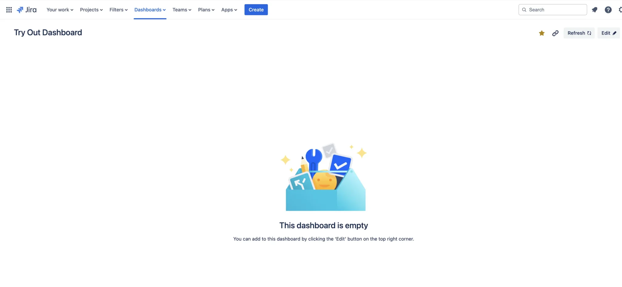 Empty Jira dashboard without gadgets or reports