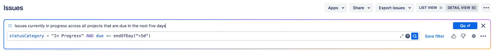 example of jql command pulling in jira issues