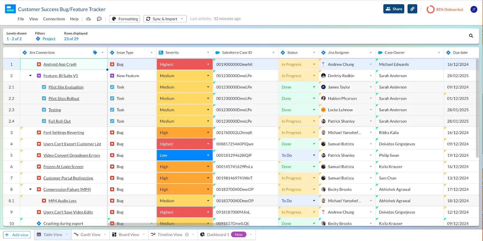 a colorful table in visor with salesforce and jira integrated data