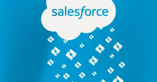 Graphic representing integrating Jira and Salesforce, showing the Jira logos raining out of the Salesforce cloud logo