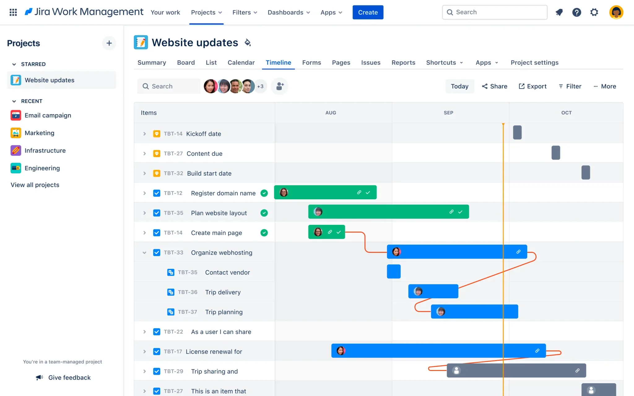 A timeline view in Jira, one flawed option to create Jira Gantt charts.